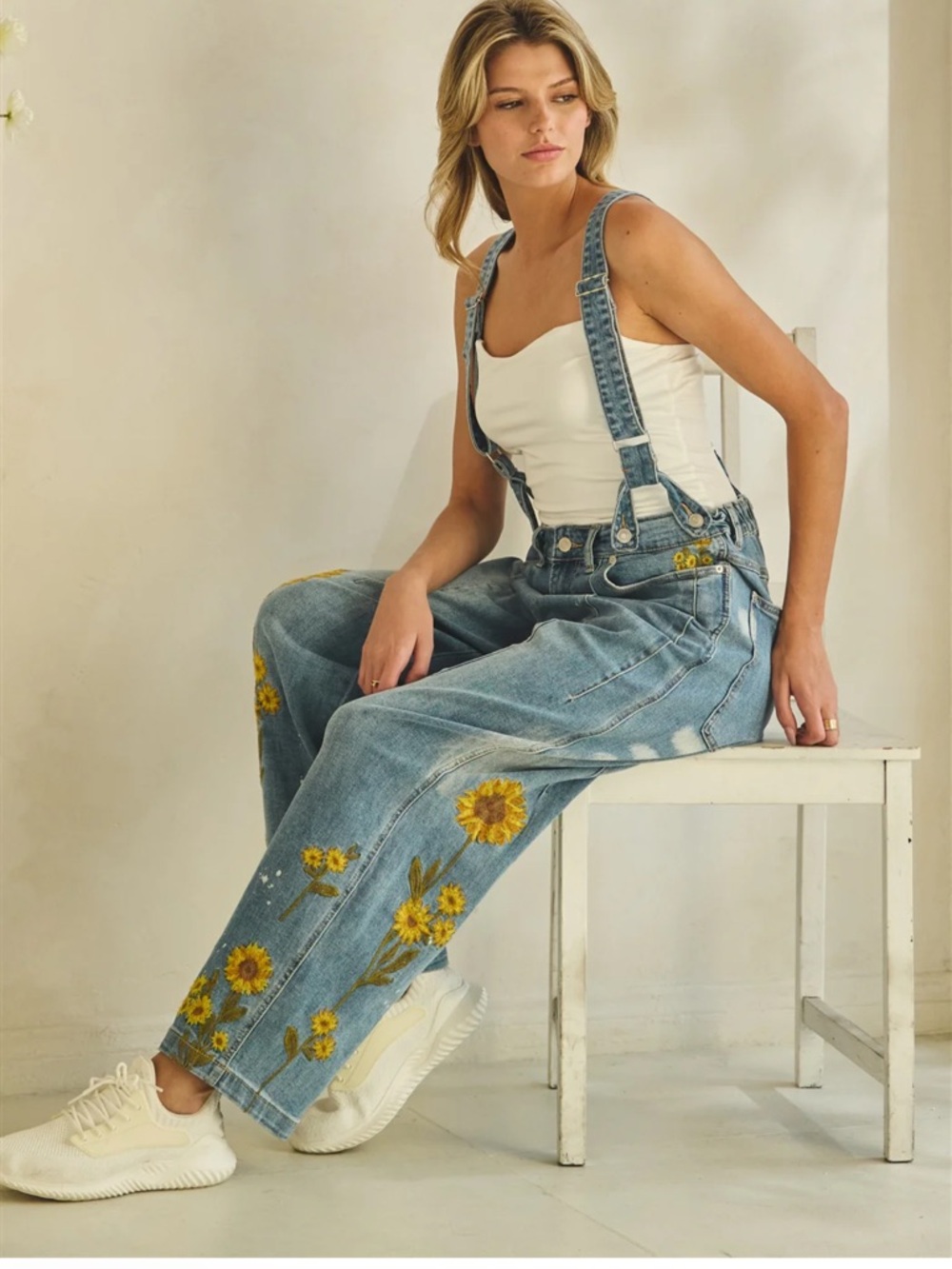 💕LAST ONE! Oli & Hali Blue Denim Overalls with Sunflower Embroidery - Picture 10 of 12